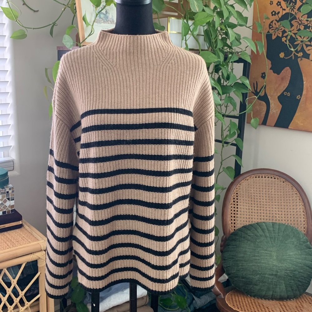 Rails Claudia Tan & Black Striped Mock Funnel Neck Knit Pop Over Sweater - M